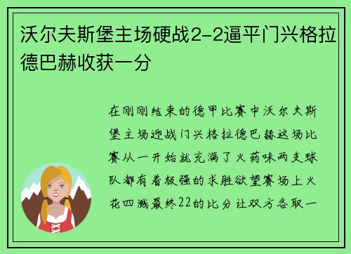 沃尔夫斯堡主场硬战2-2逼平门兴格拉德巴赫收获一分