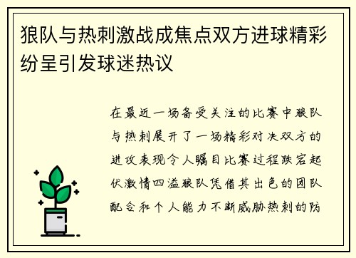 狼队与热刺激战成焦点双方进球精彩纷呈引发球迷热议